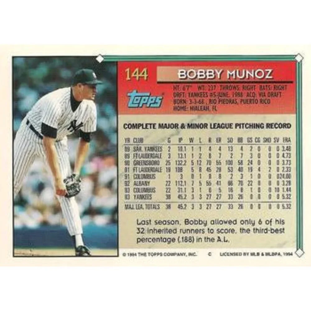 1994 Topps Bobby Munoz # 144 New York Yankees